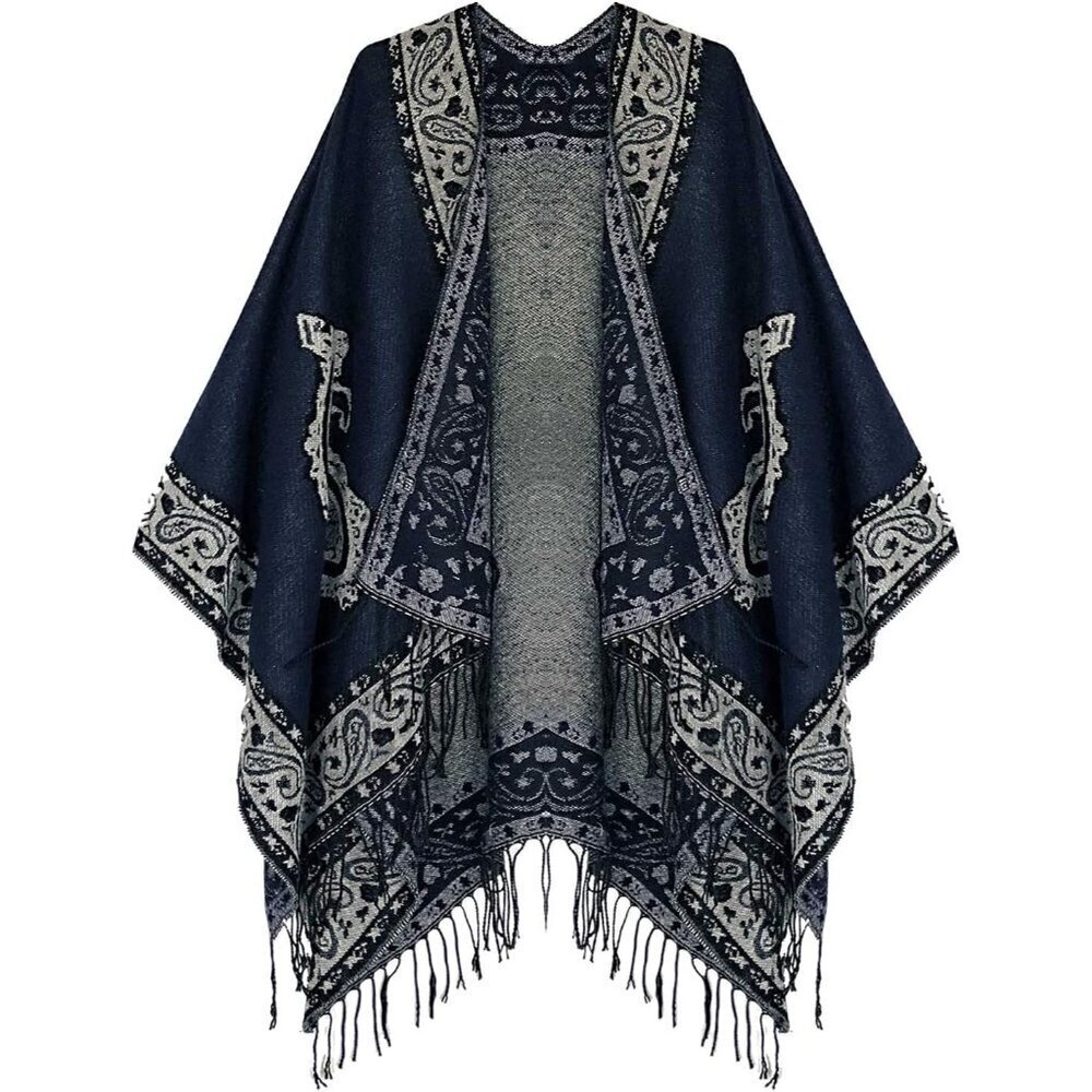 Women's Vintage Pattern Tassel Poncho Wrap Shawl Cape Winter Fall